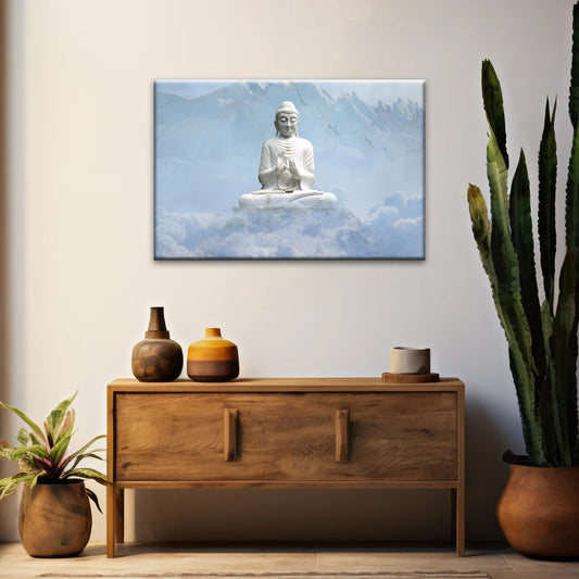 Sakyamuni Buddha Statue Under the Snow-capped Mountains Buddha Canvas Art