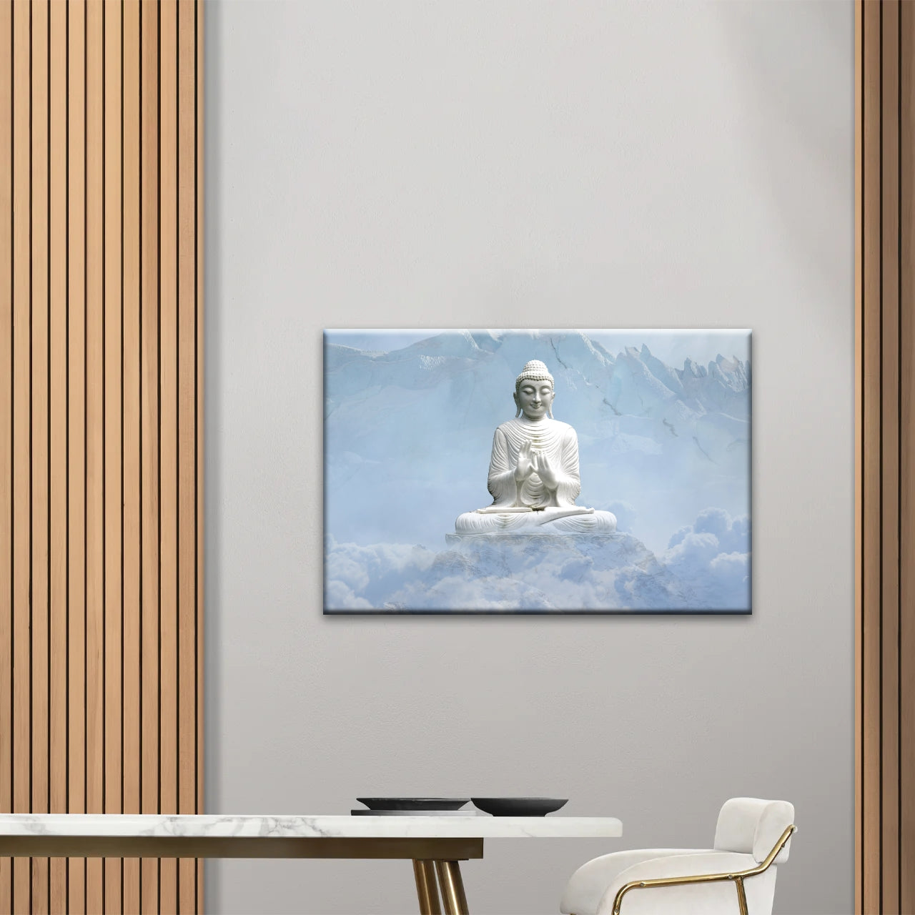Sakyamuni Buddha Statue Under the Snow-capped Mountains Buddha Canvas Art