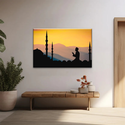 Silhouette of Man Praying In Mosque During Islamic Ramadan Islamic Decor